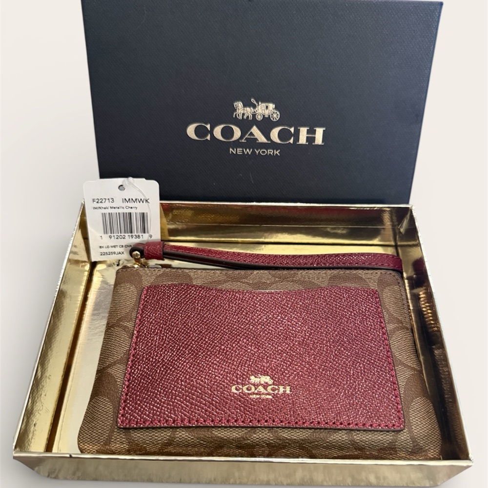 Coach Corner Zip Metallic Cherry & Brown Leather Wristlet - NWT